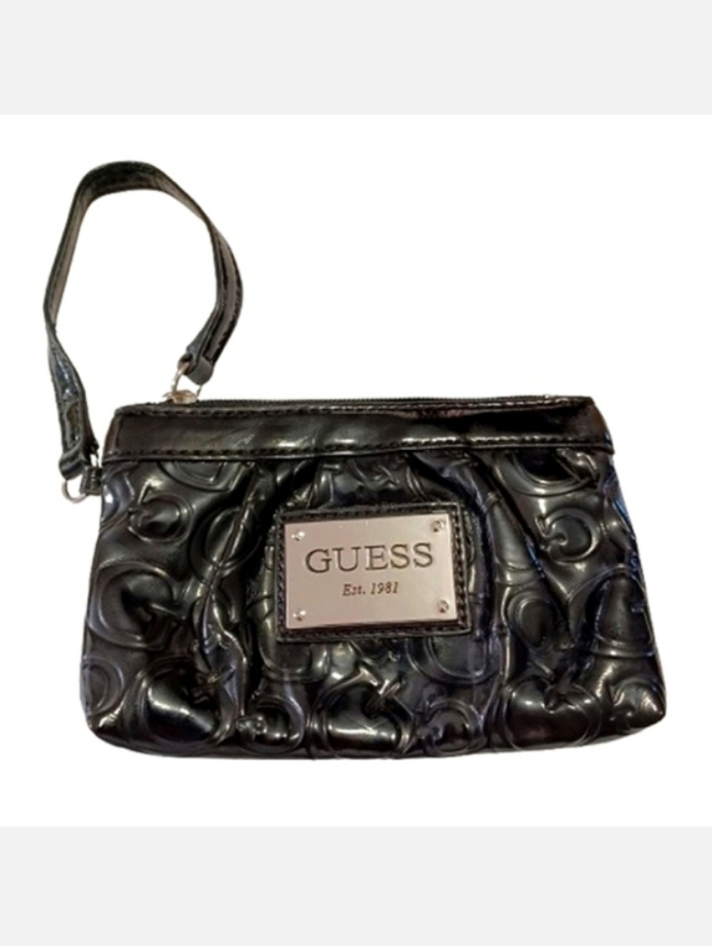 GUESS Sleek Elegant Black Patent Leather Clutch Zipper Wristlet Bag Purse